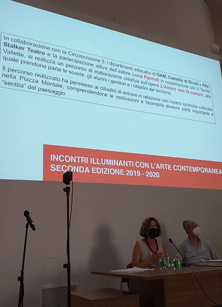 Presentazione dei risultati. 
Francesca Leon, assessora alla cultura del Comune di Torino;  Francesco Maltese, responsabile del progetto Luci d’Artista - Città di Torino.
